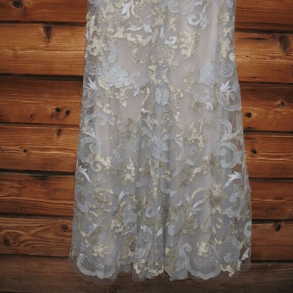 NWT Mac Duggal 11165 Blue Long Sleeve Applique V-Neck Gown 14 - Picture 14 of 16